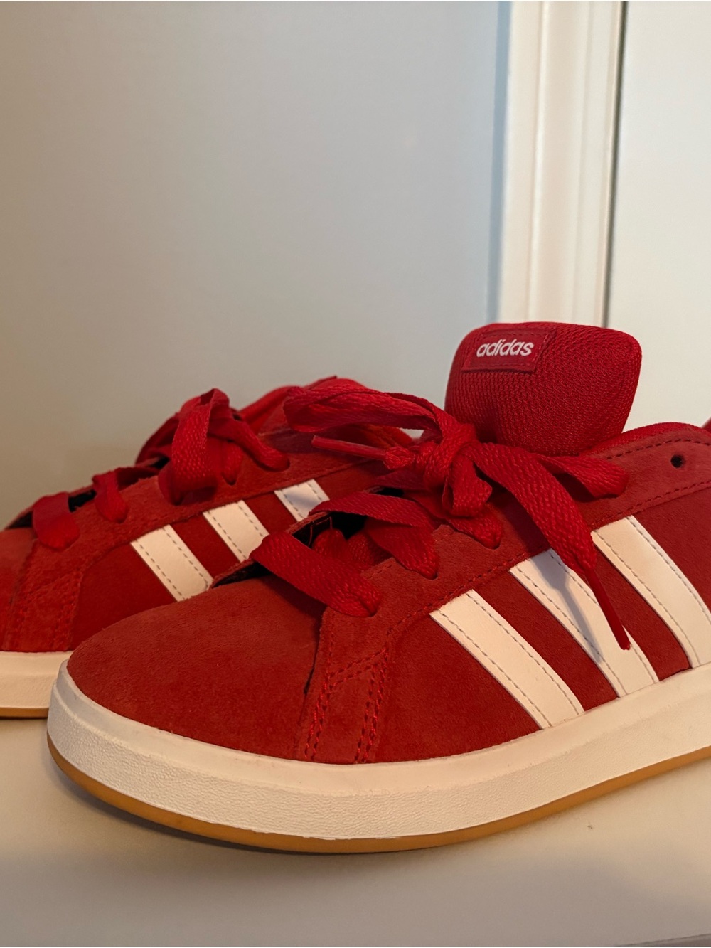 adidas Kids Red Suede Sneakers with White Stripes